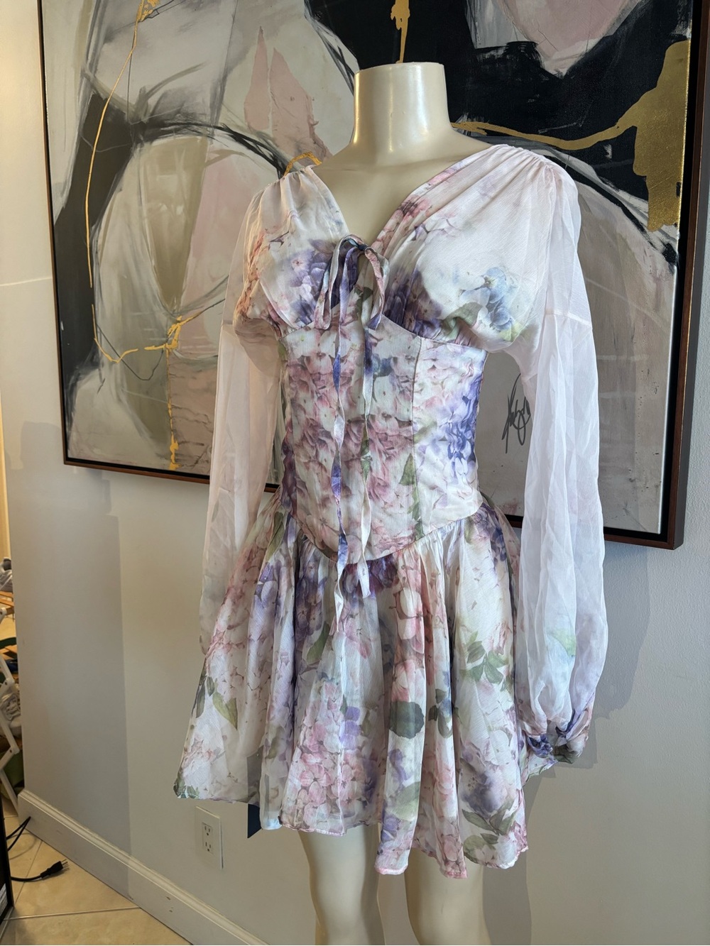 Floral Puff-Sleeve Corset Mini Dress - Pastel Watercolor Print